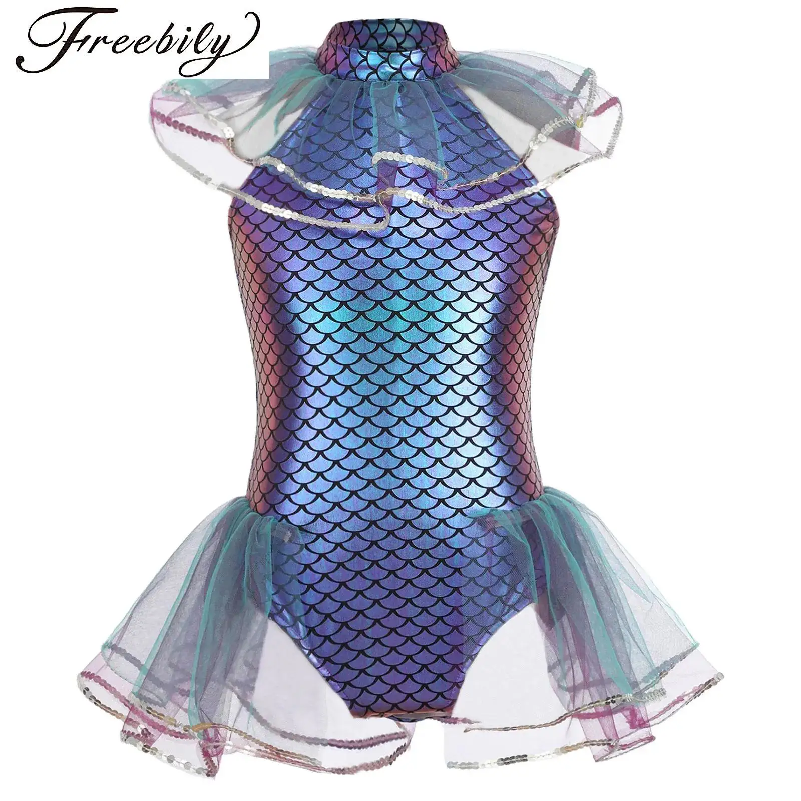 

Girls Halloween Mermaid Cosplay Costume Sleeveless Mermaid Fish Scales Bodysuit Metallic Mesh Sequin Bodysuit with Arm Sleeves