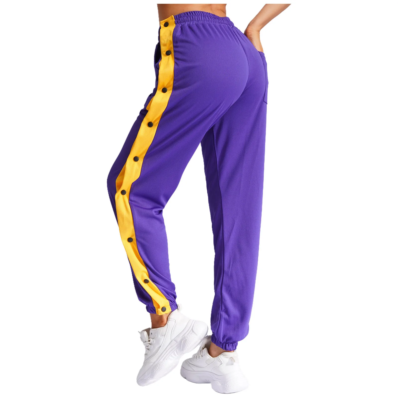Unisex Men Women Side Split Buttons Sweatpants Fashion Elastic Waistband Color Block Pants for Sports Workout Basketball