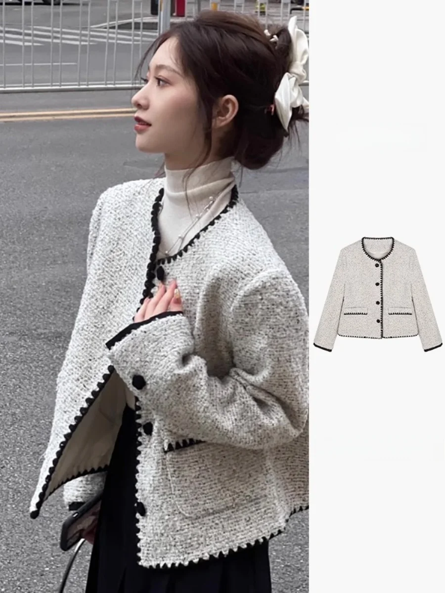 High-End Graceful Gray Short Cardigan Outerwear Women Autumn and Winter Loose Socialite Temperament Young Sle French sle Top