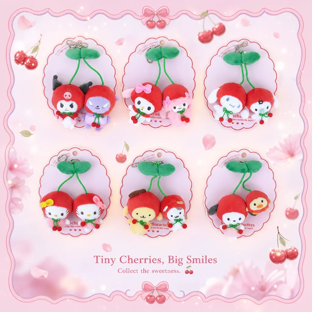Regalo de cumpleaños para niña, Sanrio Hello Kitty Cinnamoroll Kuromi, serie de fundas para cabeza con diseño de cereza, llavero, bolsa de maquillaje con cremallera, decoración.