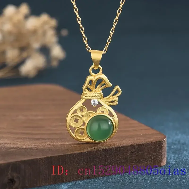 

Jade Blessing bag Pendant Natural Amulet 925 Silver Fashion Women Jewelry Charm Chalcedony Gifts Crystal Zircon Necklace