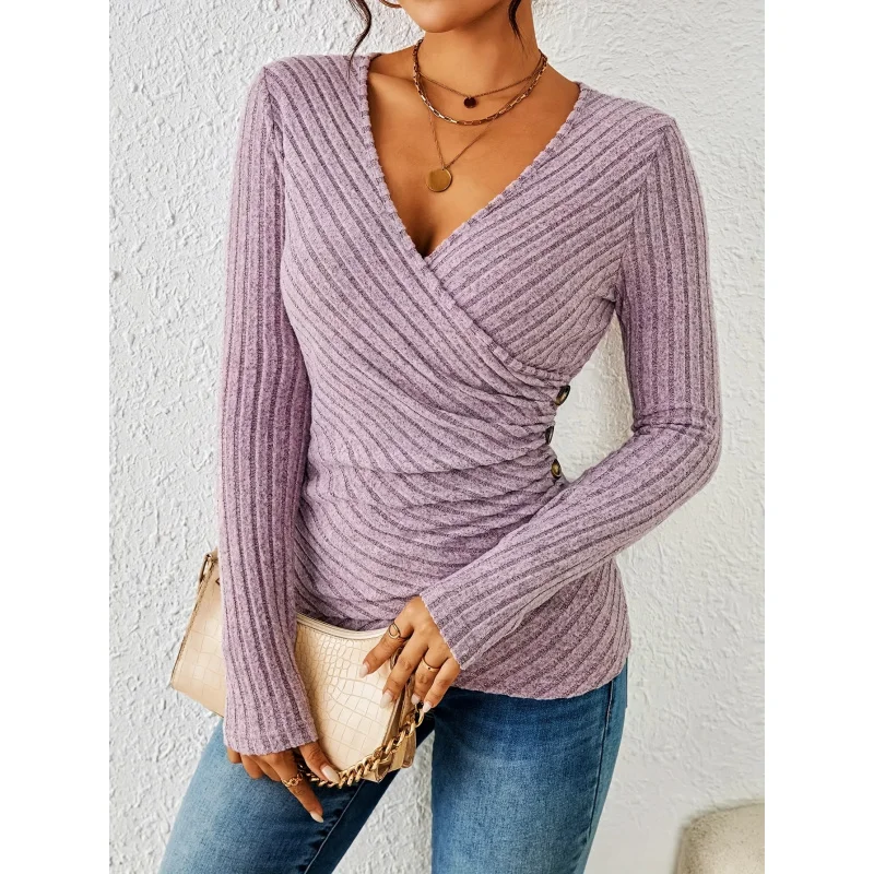 

Women Ribbed Wrap Long Sleeve Top, Side Button Ruched Casual Solid Color Blouse