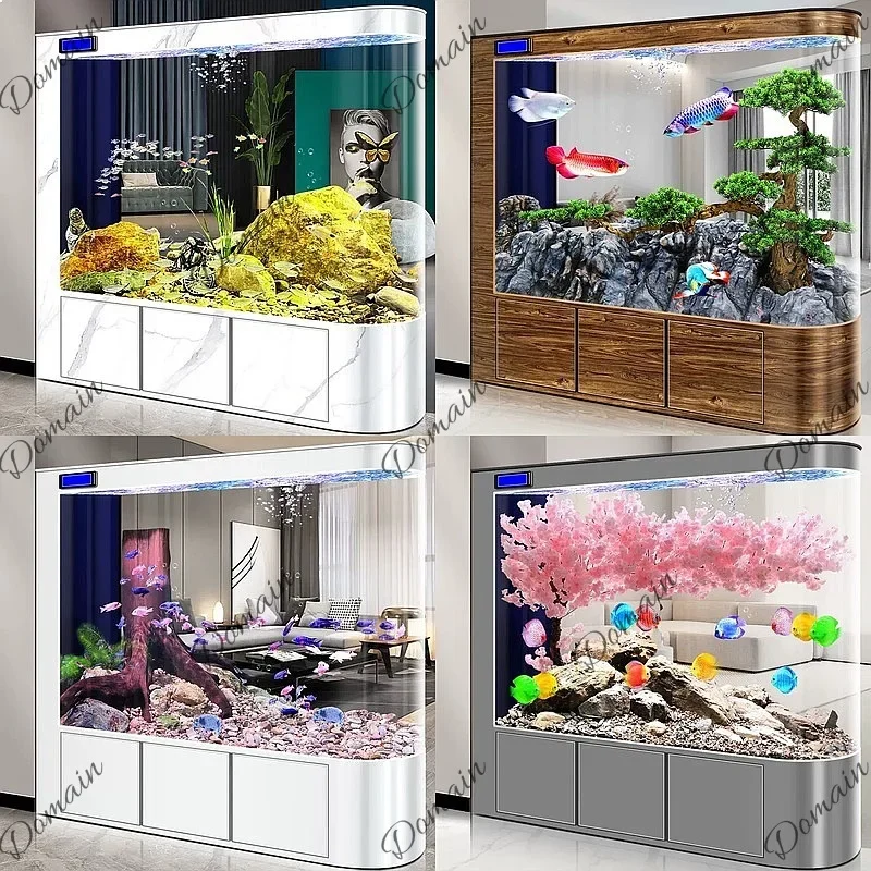 B80 Modern Semi-Circle Goldfish Tank Living Room Small Glass Floor Aquarium No Water Change