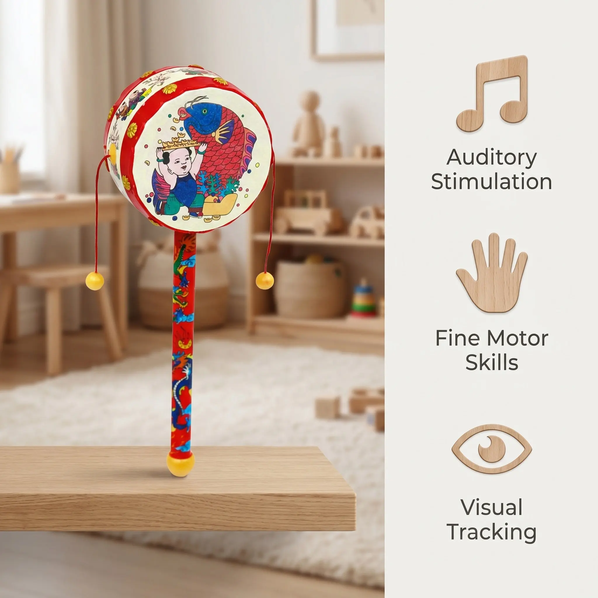 Traditional Wooden Handheld Drum with Chinese Boy Pattern Promotes Hand Development Sounds for Newborn Baby Gift