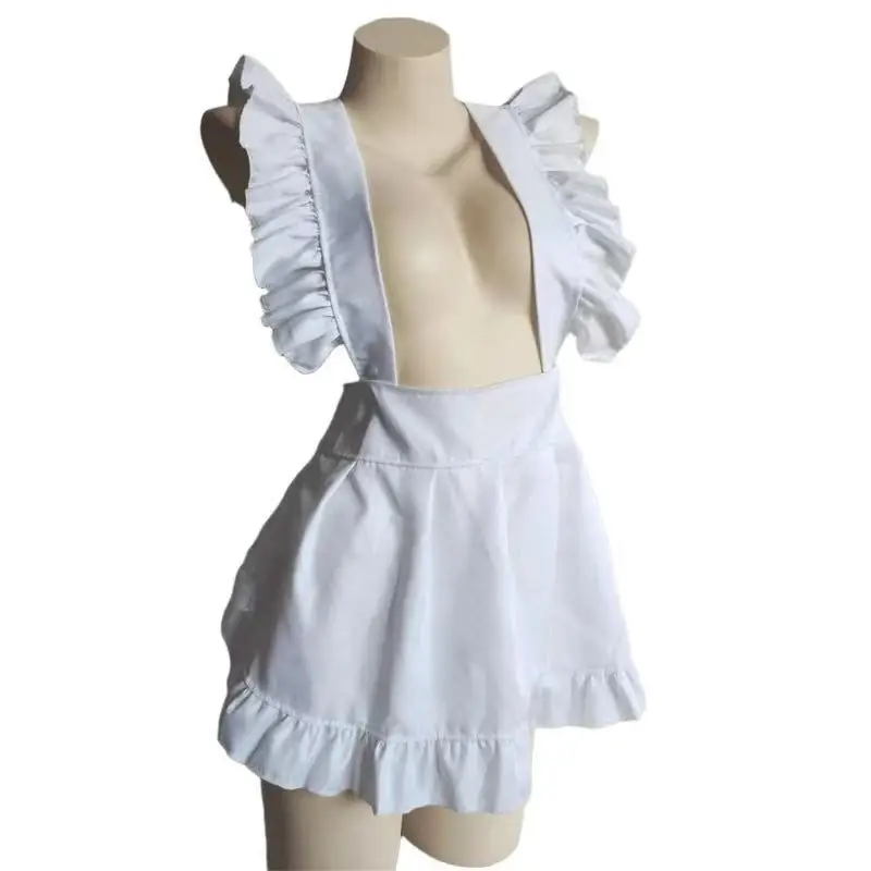 Anime Coffee Waiter Maid Uniform White Leather Apron Big Bow Cosplay Costume Lolita Dress Cat Maid Cosplay Hollow Out Nightdress
