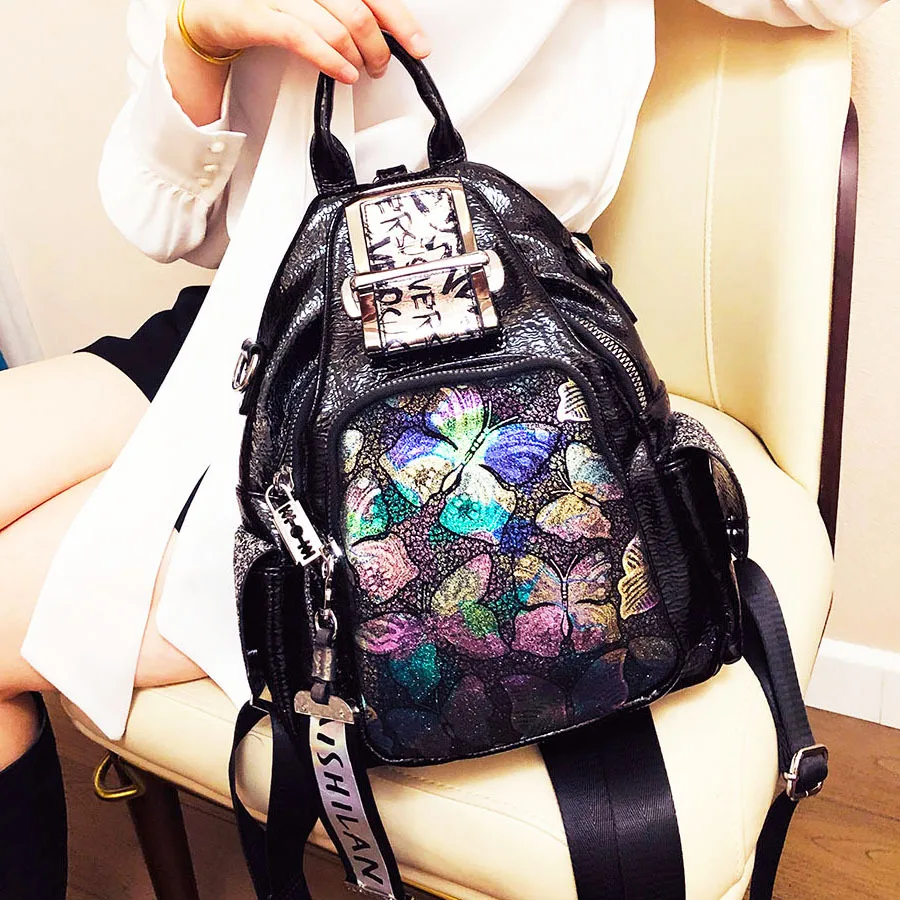 Woman's Genuine Leather Backpack Fashion Butterfly Backpack Stylish Shiny Holographic Small Travel School Book Daily Daypack Bag