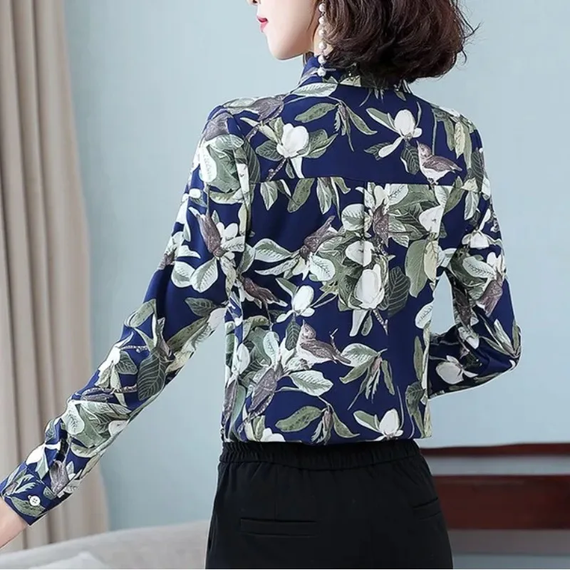 Spring Autumn Turn-down Collar Women\'s Floral Plant&Flowers Printed Button Long Sleeve Cardigan Shirt Casual Undershirt Tops