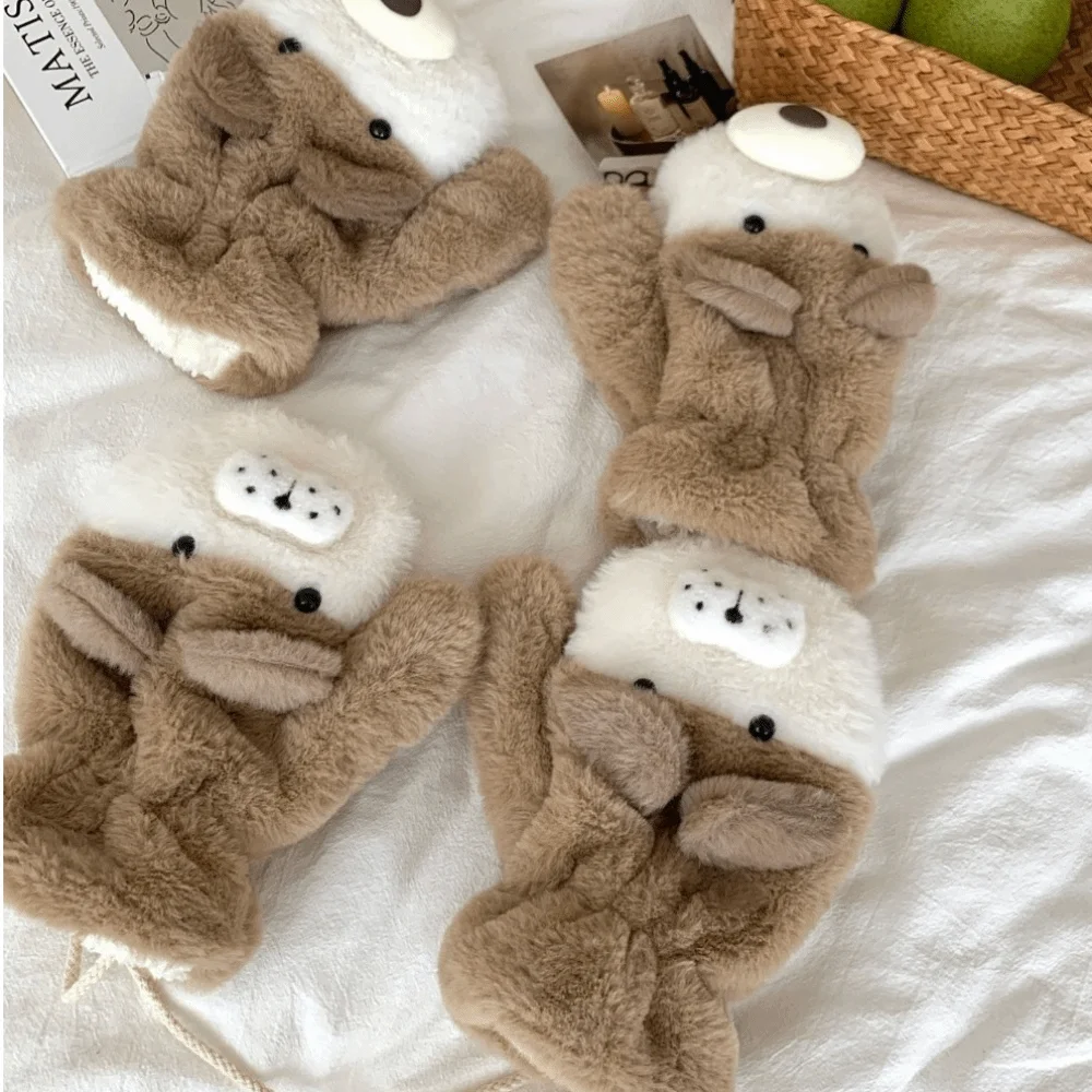 Polyester Fleece Lined Mitten Gloves Windproof Cold Proof Neck Lanyard Gloves Neck Lanyard Thick Warm Dog Pattern Gloves
