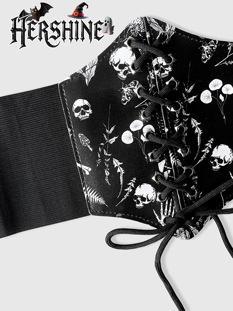 Y2K กระโหลกสีดำพิมพ์เอวฮาโลวีนสตรีแฟชั่นโกธิคดาร์กพังก์สไตล์ฮาโลวีนอุปกรณ์เสริมที่จำเป็น
