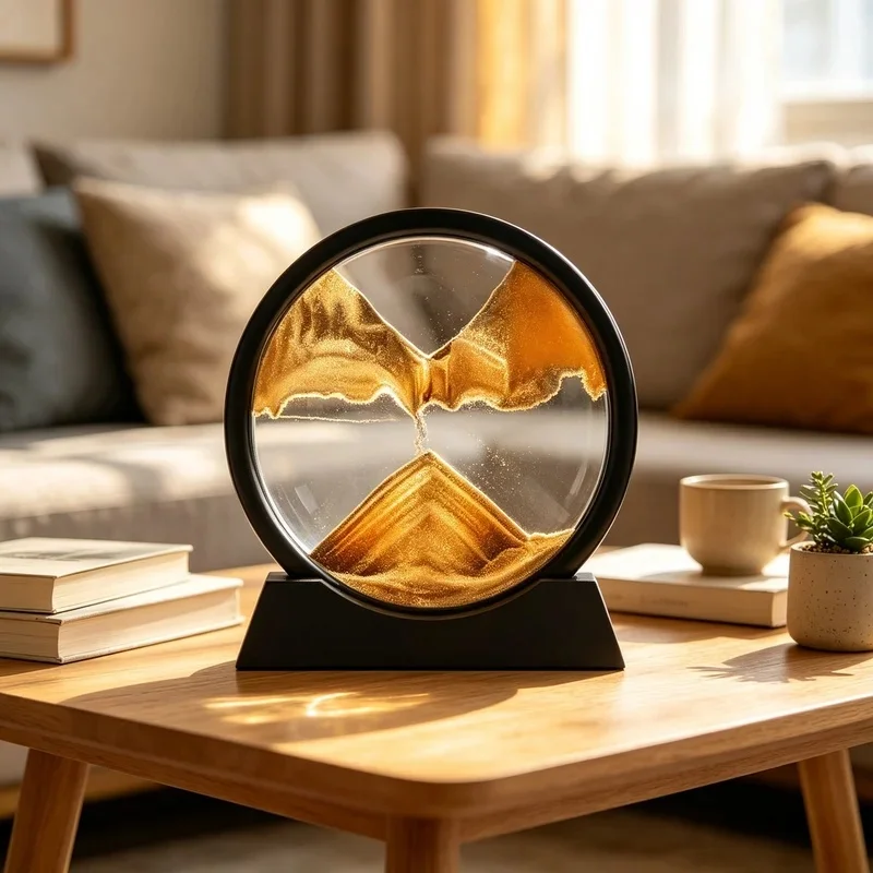 7-Inch 3D Moving Sand Art Picture, Round Tempered Glass Quicksand Sandscape for Office Desk, Living Room Decor and Gifts