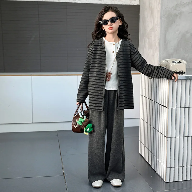 

Костюм-двойка для маленьких девочек, осенняя однотонная майка + полосатый коа с длинными рукавами + прямые брюки, школьная одежда для девочек, комплект для девочек 4–14 лет