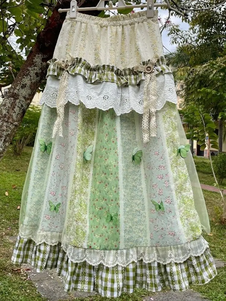 Style japonais décontracté vacances jupe femmes Resort Vintage dentelle couture jupes amples été imprimé vérifier Chic Design tenues nouveau