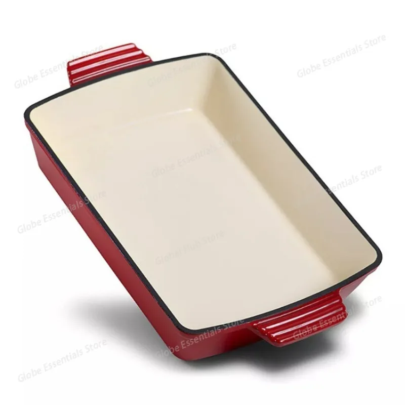 Enameled Cast Iron Rectangular Baking Pan Coating-Free Double-Handle Flat Bottom Cookware for Fish Grilling, Frying