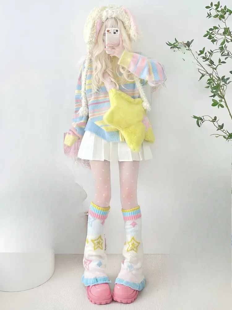 Y2k Esthetische Zoete Beenwarmers Vrouwen Ster Jacquard E-meisje Japanse Gebreide Sok Harajuku Gothic Vintage knielange Lange Sokken