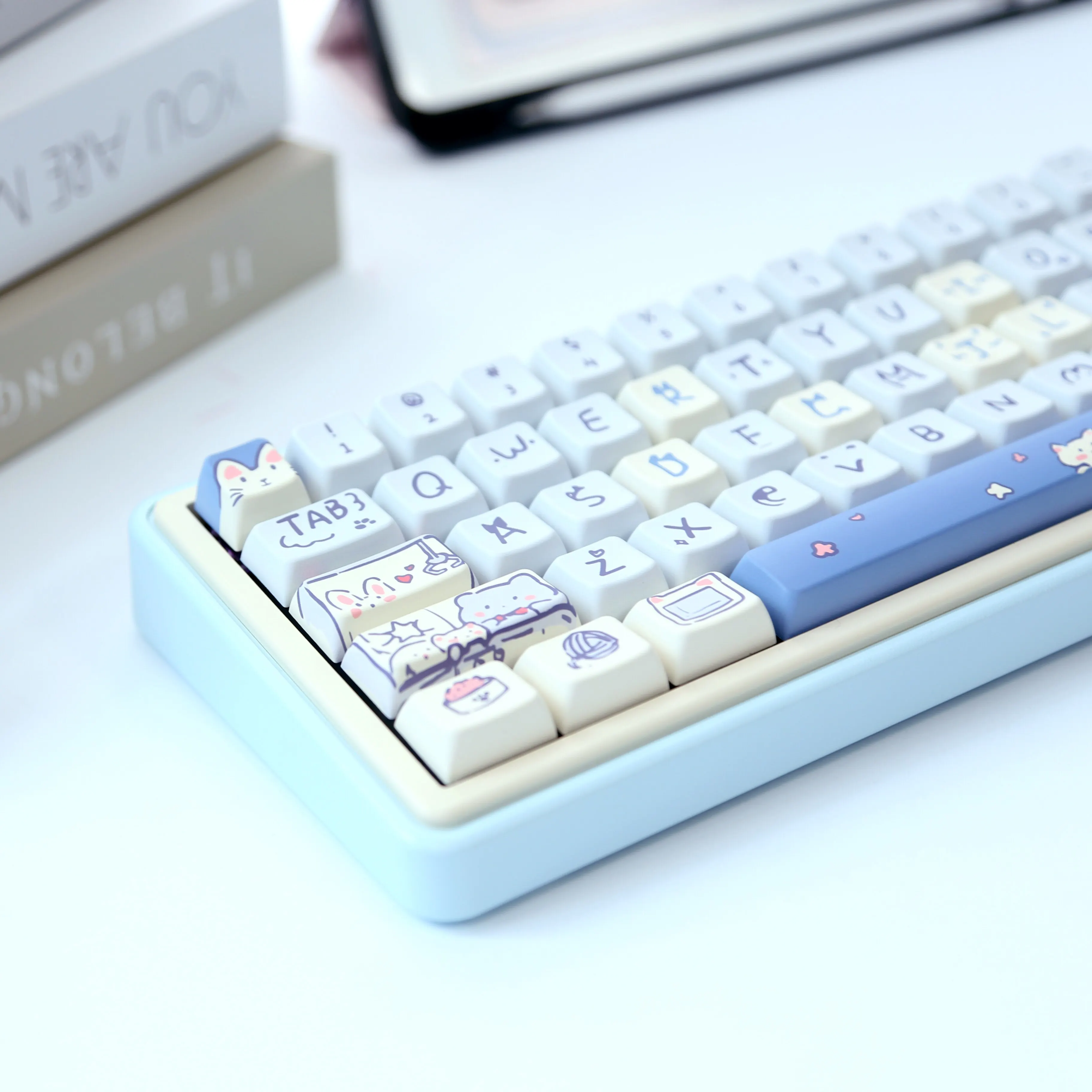 ZUOYA 147 Keys MDA Keycaps Blue Meow Meow Theme PBT Single-sided Heat Sublimation For MX Switch Fit 61/68/87/96/104/108 Keyboary