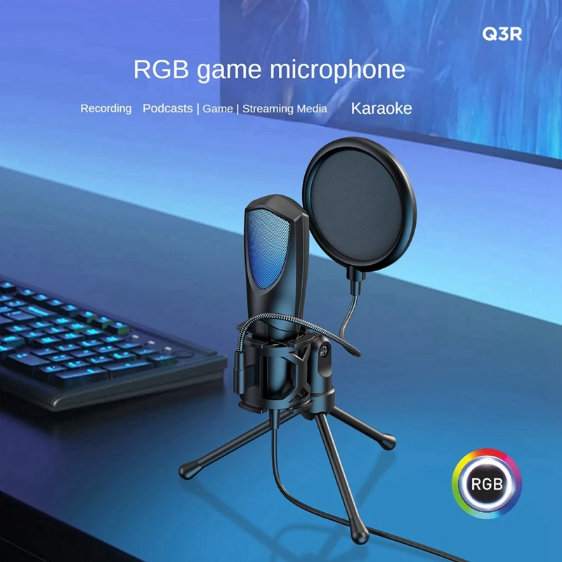 Desktop USB Condenser Microphone RGB Gaming Microphone Live Streaming, Karaoke, Gaming, Video Conference Microphone-A25R
