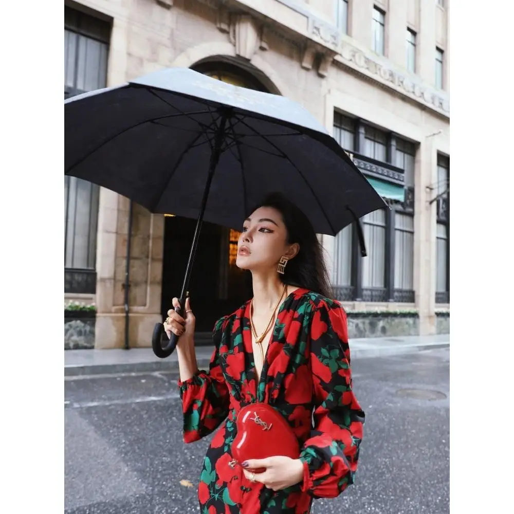 2024 Autumn New Fashionable Printing V-neck Long Sleeve Floral Dress Ladies Temperament Irregular Vintage Dress Women Clothes