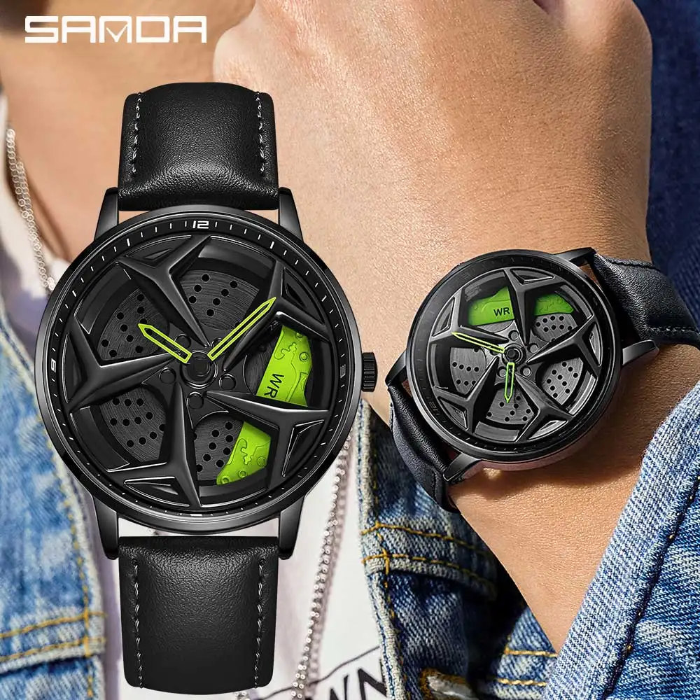 Moda masculina relógio de luxo 360 rotativa roda do carro dial esportes relógio quartzo casual couro à prova dwristwatch água relógio pulso relogio