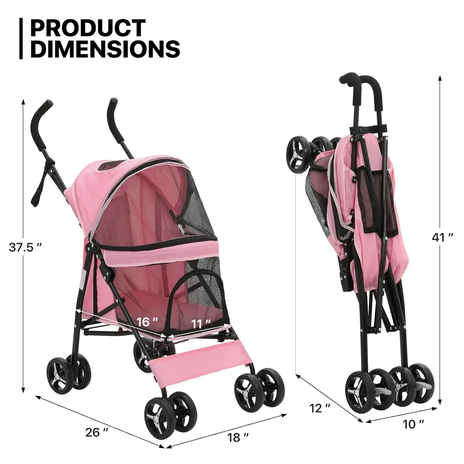 4 Wheels Pet Stroller, Easy-Fold Puppy Cage Jogger Stroller with Sun Cover, Pad and Rear Storage Bag, Breathable and V