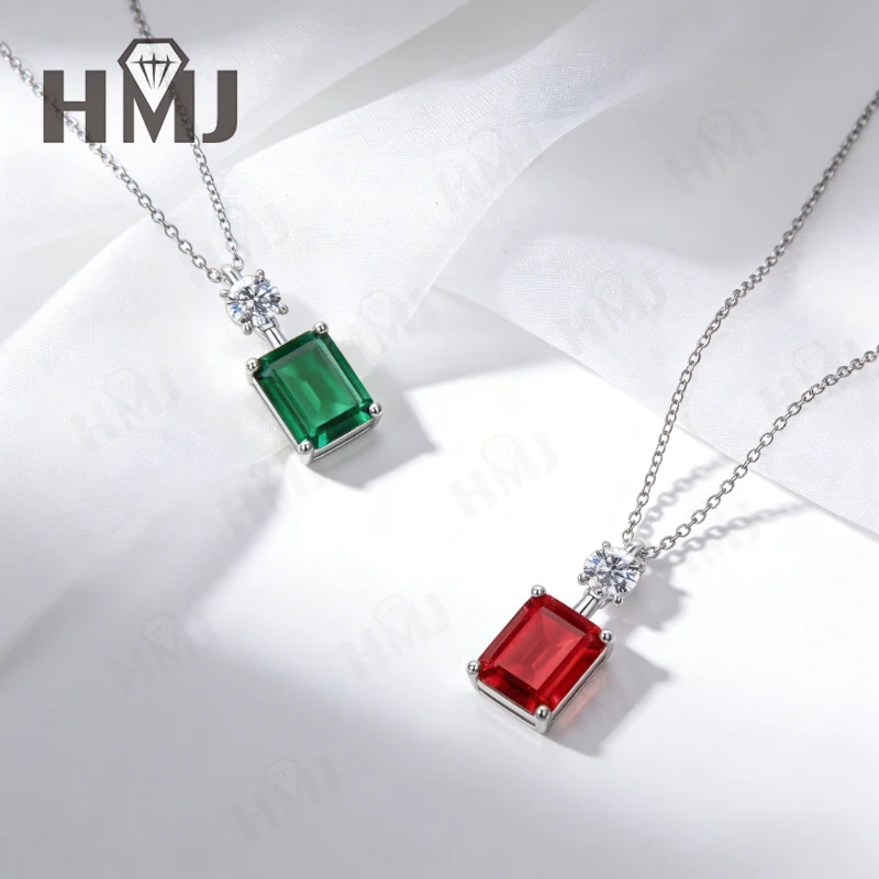 Necklace 925 Sterling Silver 1.5/2ct Lab Grown Columbia Emerald Ruby Emerald Cut Pendant Fine Jewelry Gift for Women Anniversary