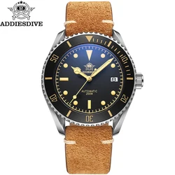 ADDIESDIVE Men’s Leather Mechanical Watches Ceramic Bezel Sapphire NH35 Calendar Wristwatches C3 Retro Luminous Business Watch