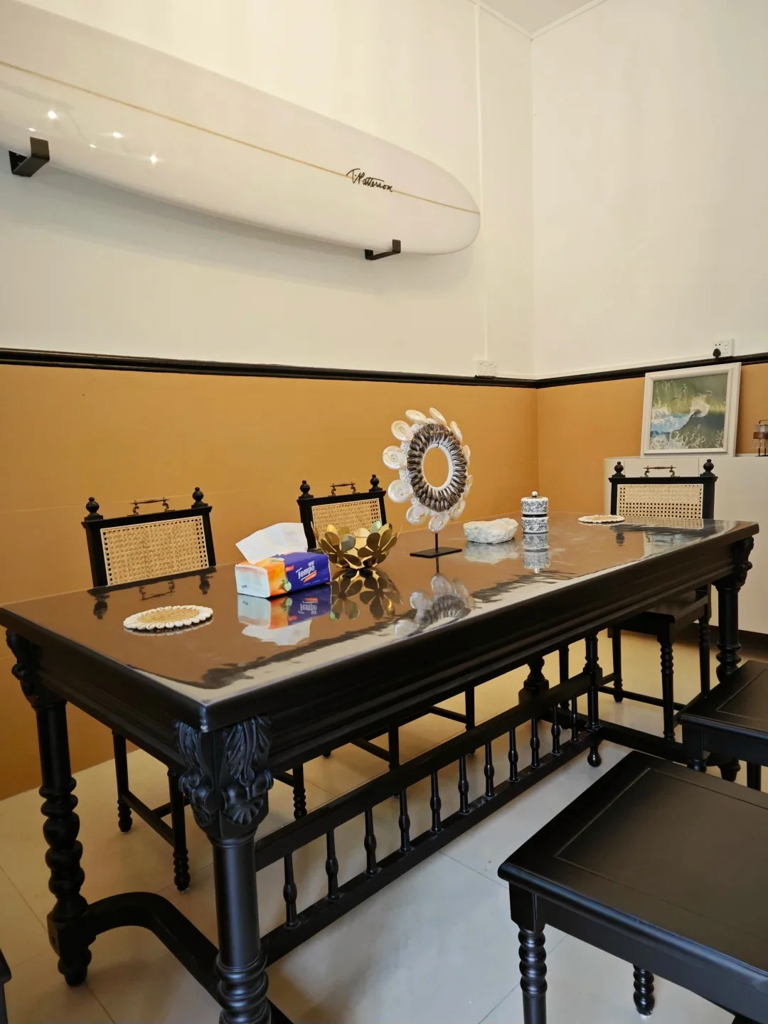 ^French Vintage Bamboo Dining Table Black Carved Rectangular Antique Chair Knight Customization