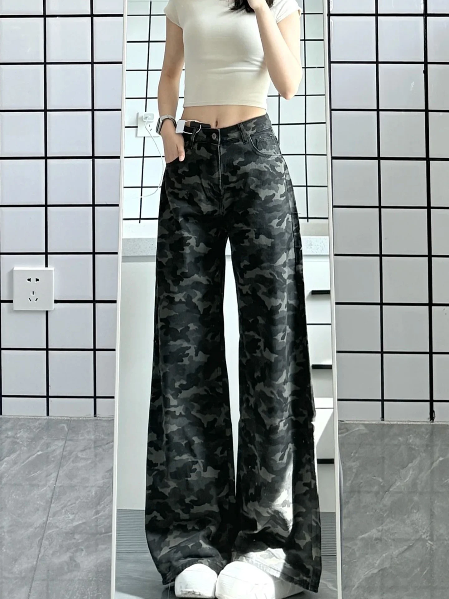 

Женские джинсы с высокой талией и широкими штанинами, камуфляжные, из выстиранного денима, летняя новинка, визуально стройнящие, винтажный американский стиль, с карманами