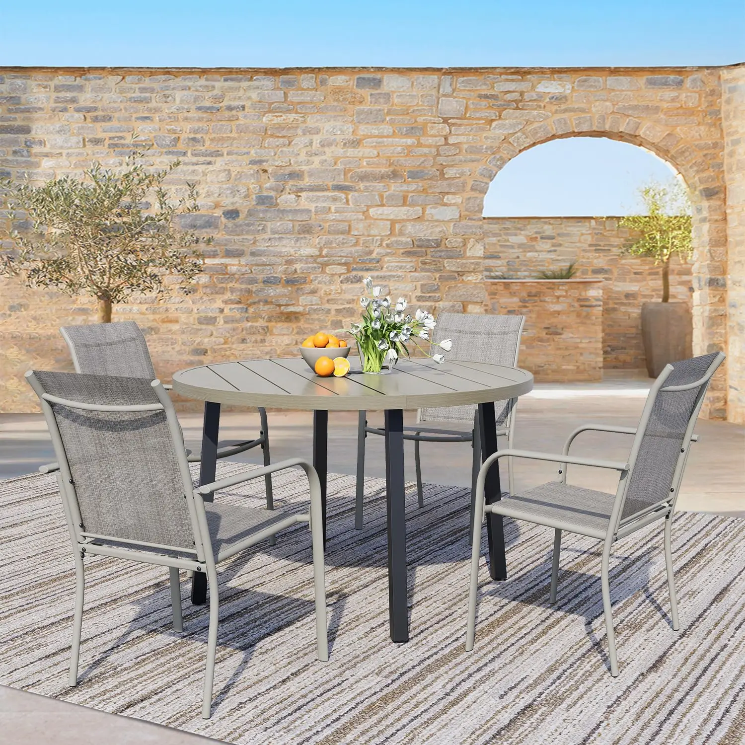 5 Pieces Patio Dining Set For 4, Grey Stackable Chairs & Honey Oak Round Table, Outdoor Sling Furniture For Garden, Customized