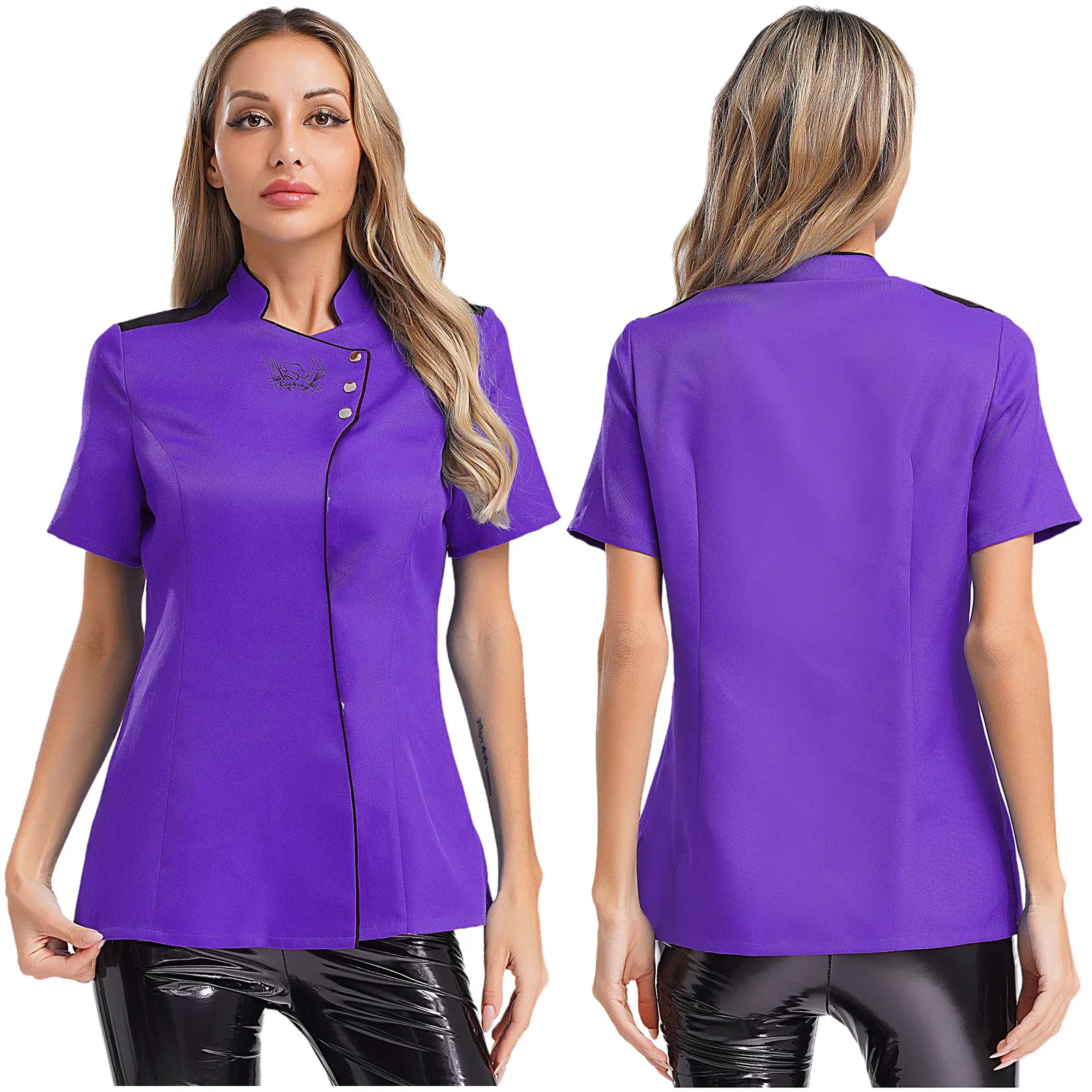 

Women Professional Kitchen Restaurant Hotel Cook Uniform Color Block Printed Chef Jacket Stand Collar Short Sleeve Coat Workwear