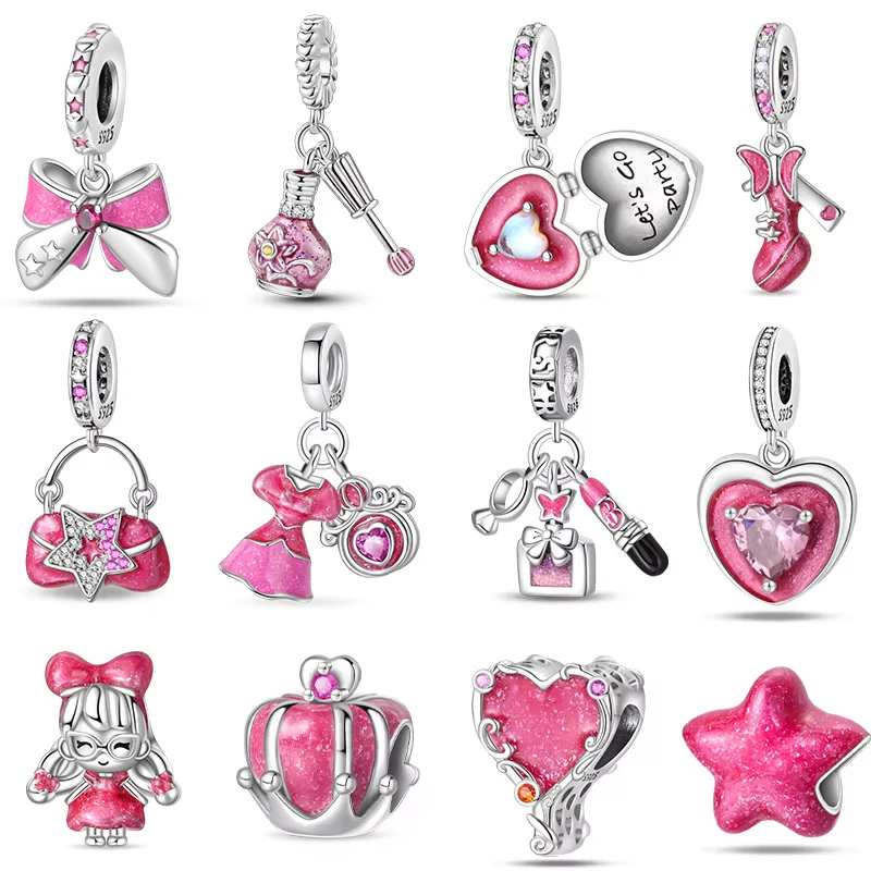 925 シルバーロマンチックなプリンセスピンクドレス口紅ハイヒール香水チャームビーズフィットパン 925 オリジナルブレスレット DIY ジュエリー