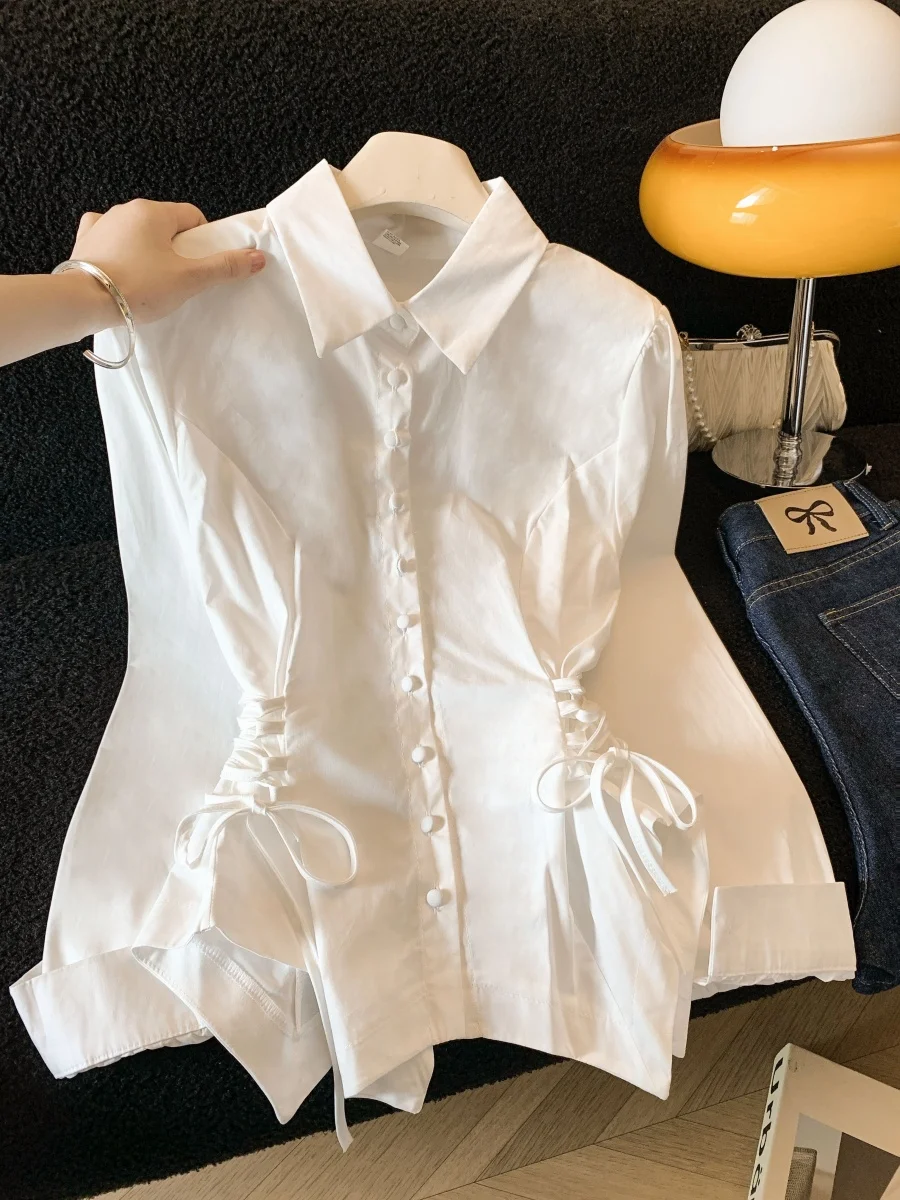 

Retro Korean Style White Shirt Women's Long Sleeve Belted Design Slimming Top Cotton Commute Style Spring 2026 New Arrival
