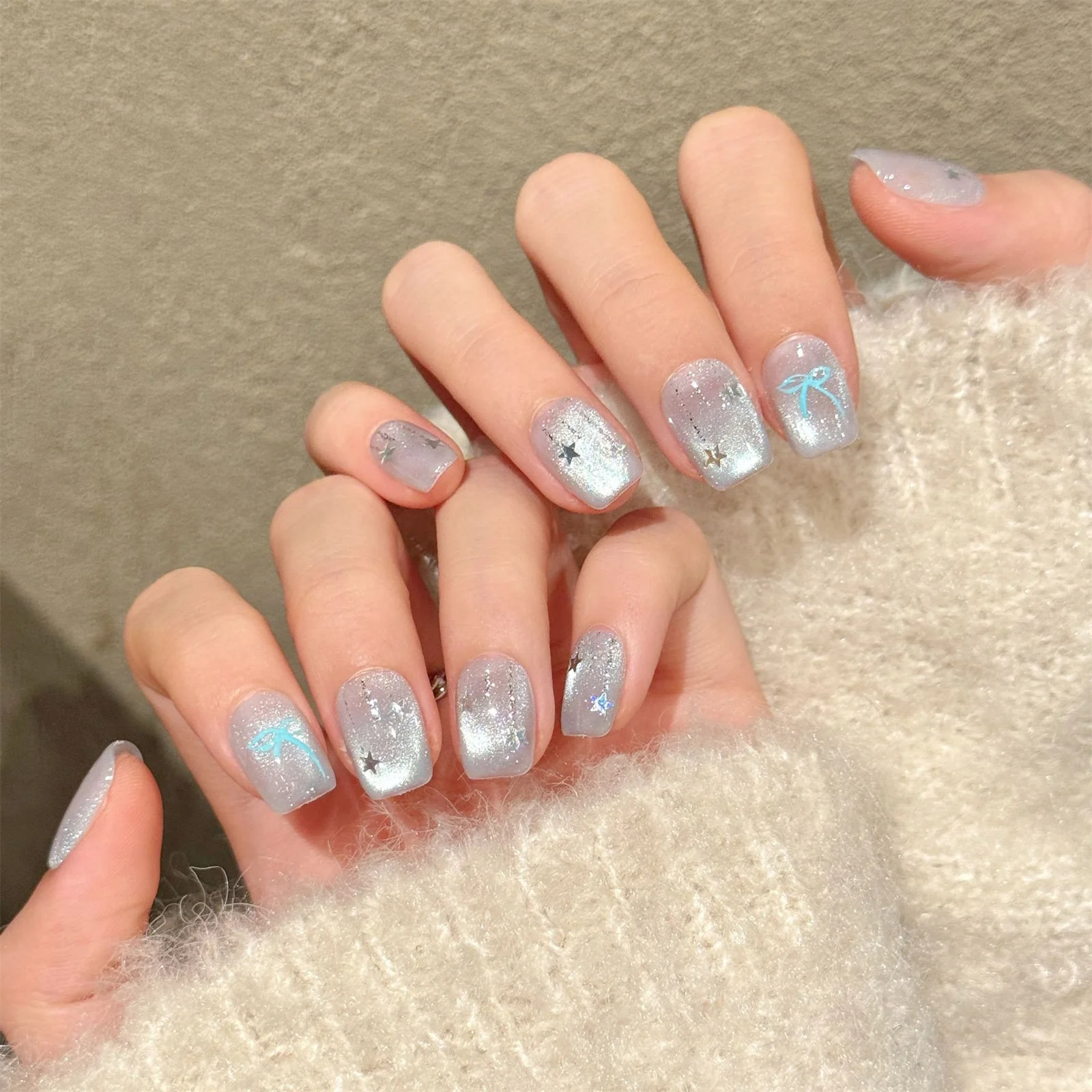 10 Uds. De uñas postizas hechas a mano Kawaii con gradiente, decoración de lazos 3D, uñas postizas de ojo de gato de cristal francés amarillo para mujer