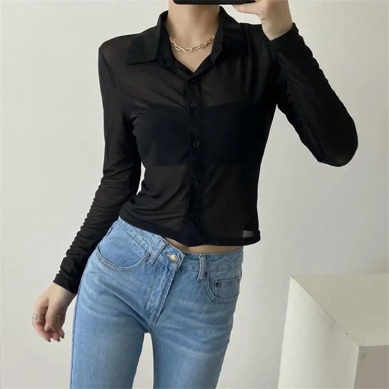 Summer Sexy Women Shirts See Through Transparent Mesh Tops Long Sleeve Slim Ladies Blouse Crop Top 2022