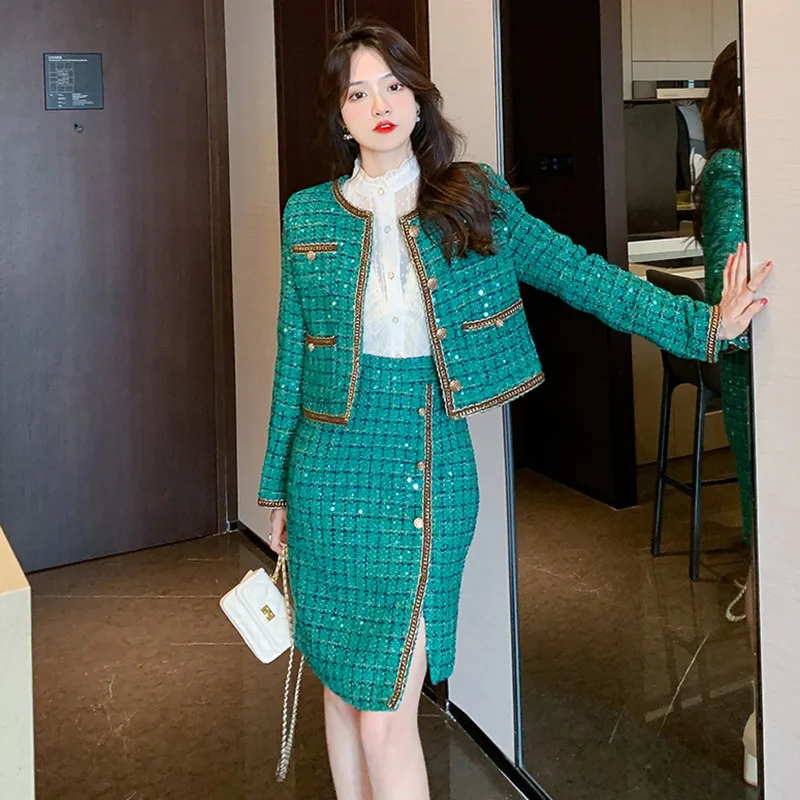 Herfst Kleine Geur Vintage Tweed Tweedelige Set Vrouwen Crop Top Wollen Korte Jas + Mini Kokerrokken Sets 2-delige Pakken