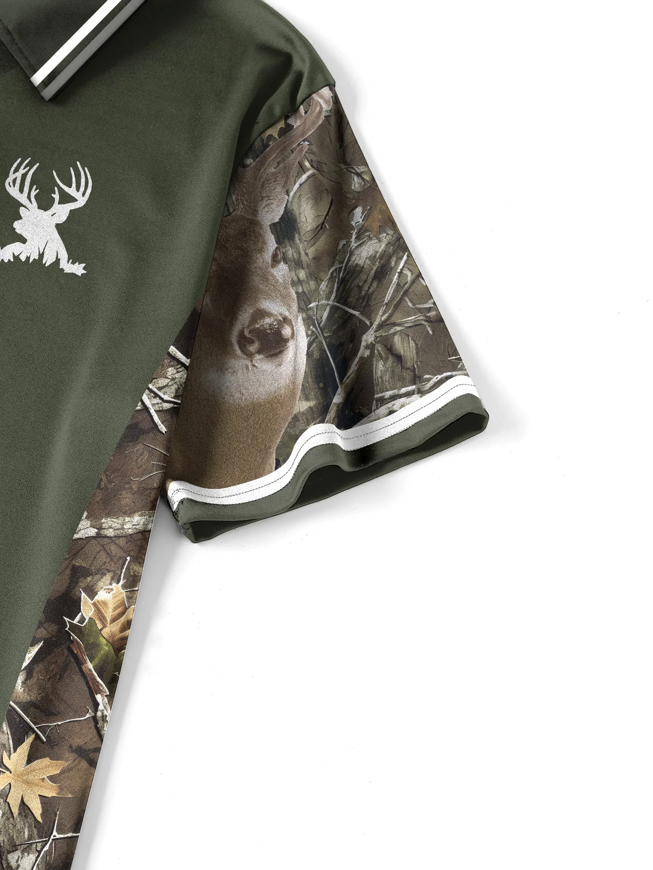 Outdoor-Stil, Camouflage-Nähte, Poloshirt, halber Reißverschluss, Hirschkopf-Druck, Top für Herren, lässig, Jagd-Stil, kurze Ärmel – Detail 6