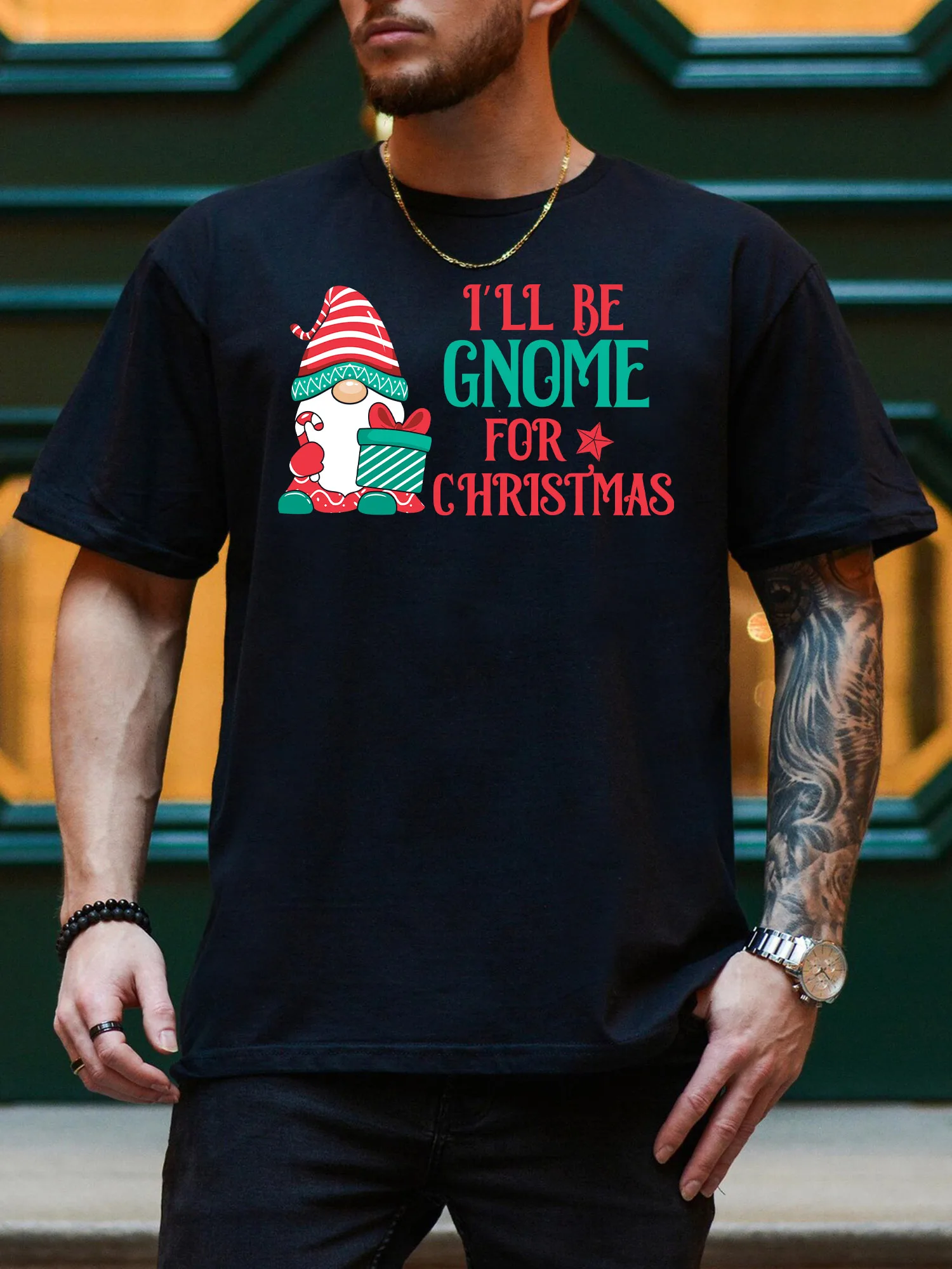 تي شيرت Be Gnome لعيد الميلاد للرجال برسومات، تي شيرت أسود كاجوال من القطن الخالص، تي شيرت خفيف الوزن برقبة دائرية