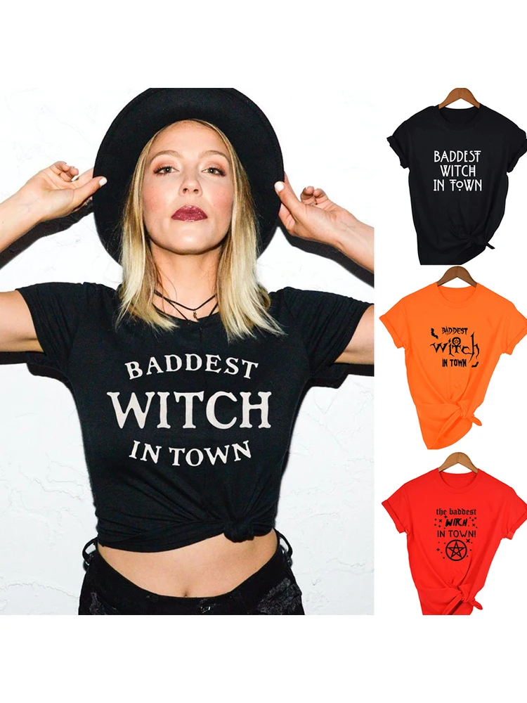 Baddest Witch In Town Women Halloween T-shirt Harajuku Gothic Short Sleeve T Shirts Graphic 90s Grunge Streetwear Female Tops