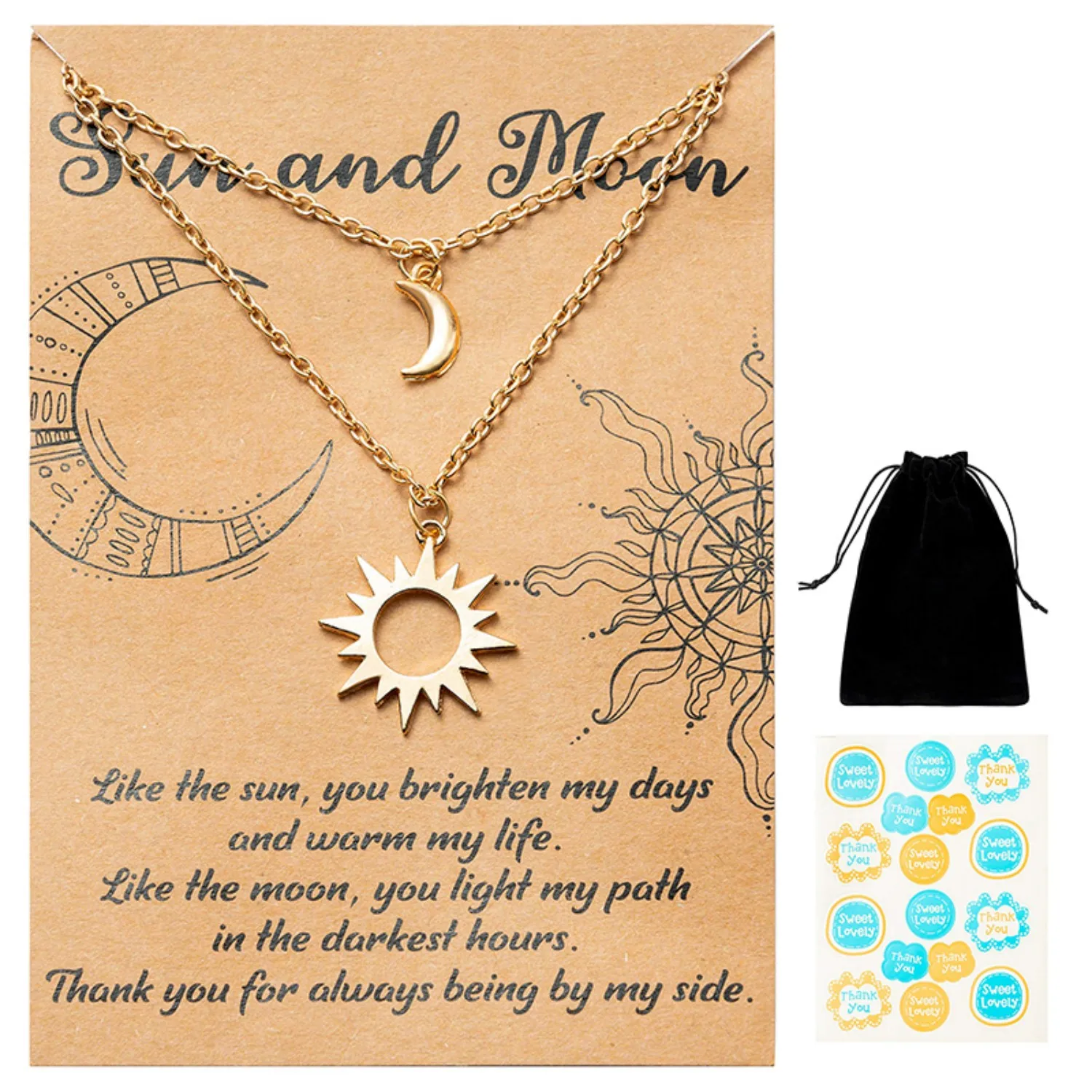 Sun and Moon Necklace Set - 2 Pcs Gold Solar Pendant & Crescent Moon Charm for Women Jewelry Gift in Velvet Pouch for Couple