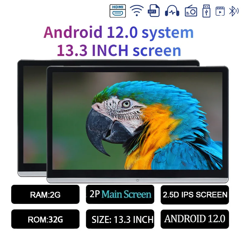 13.3/14 "Auto Hoofdsteun Monitor Display IPS Android 12 2G + 32G/4G + 64G/8G + 128G Touchscreen Voor Auto Achterbank Speler Dual HDMI Muziek