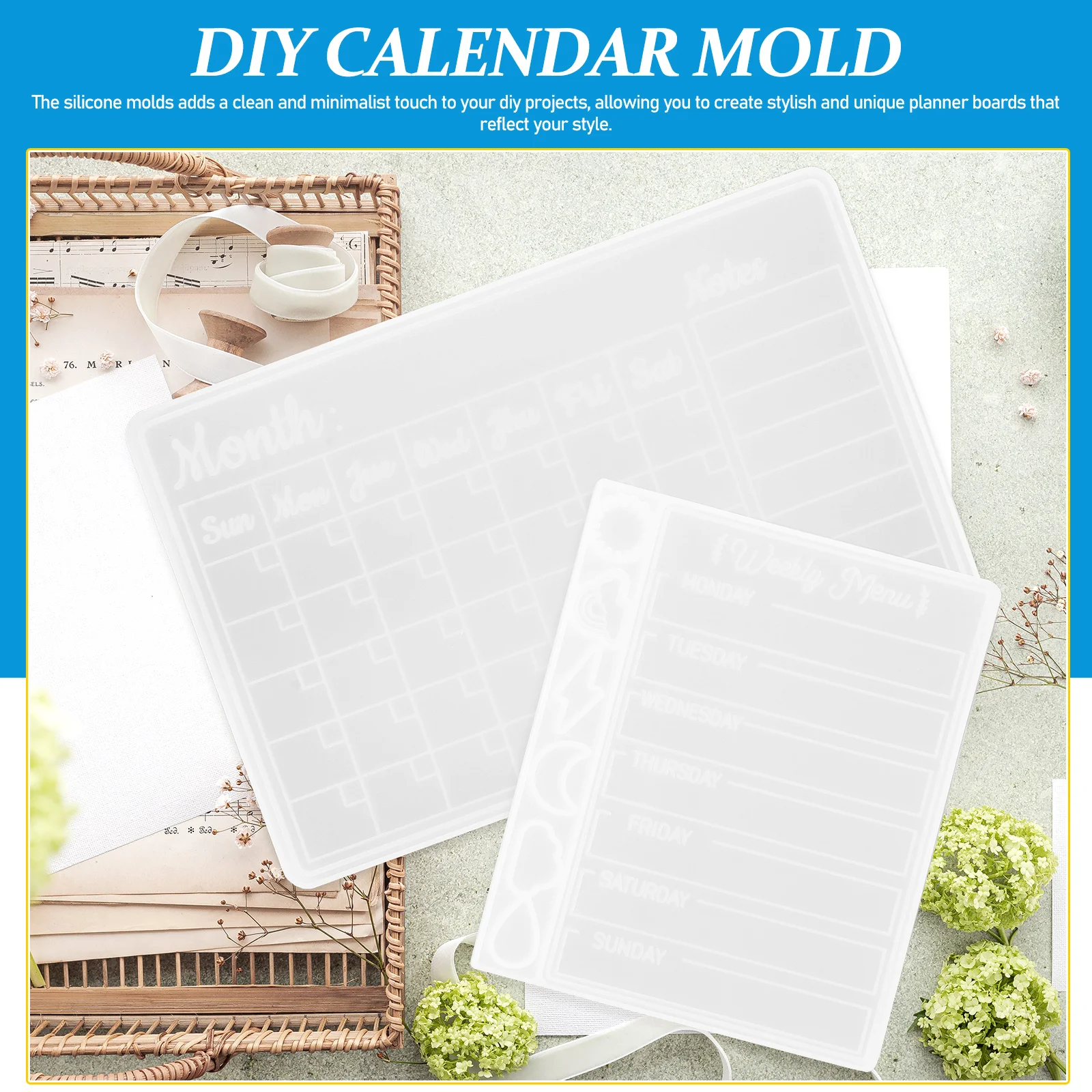 

2pcs Silicone Calendar Mold Diy Epoxy Resin Tool Reusable Craft Making Supplies Durable Planner Board Mold For Weekly Monthly