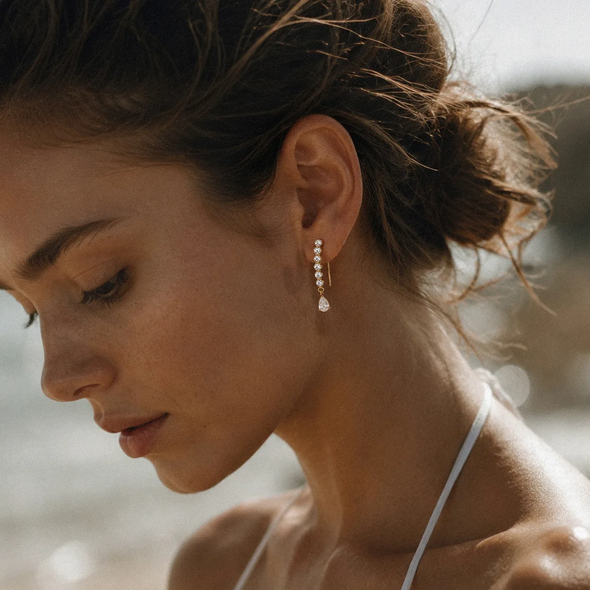 Elegant Threader Drop Earrings 18K Gold Plated 316L Stainless Steel Waterproof Tarnish Free CZ Dangle Earrings
