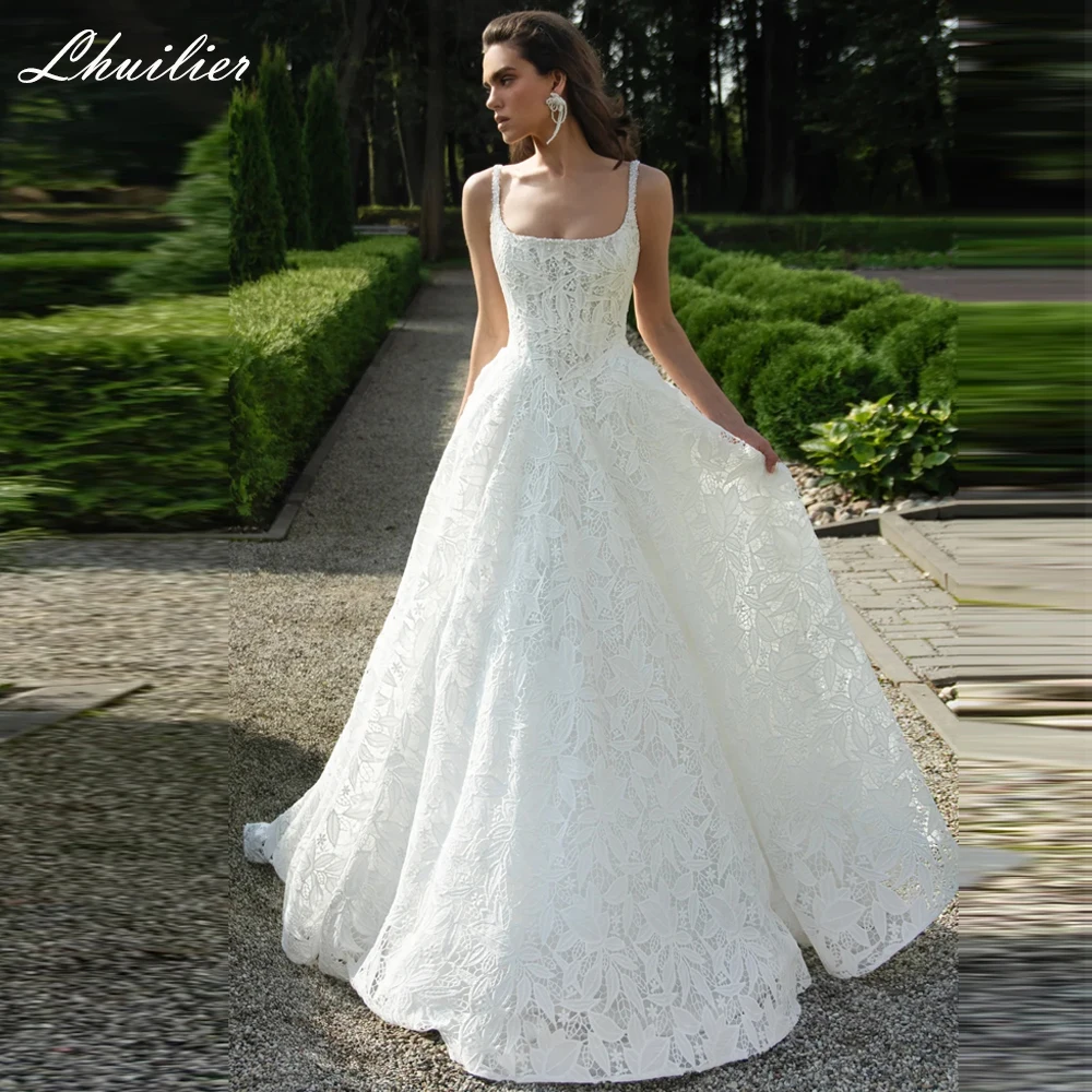Lhuilier Customized A Line Square Neck Lace Wedding Dresses Sleeveless Beaded Bridal Gowns with Chapel Train