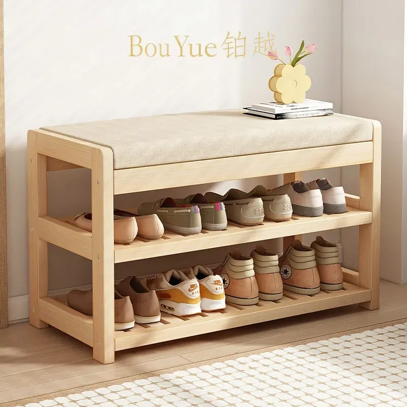 2 in 1 Shoe Changing Stool with Coat Rack Solid Wood Entryway Bench Multi Layer Storage Organizer for Hallway Living Room