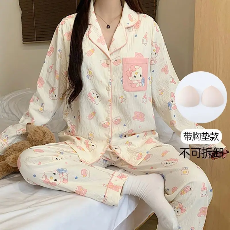 Sanrio Girl Pure Cotton with Chest Cushion Flip Collar Pajamas Kawaii Hello Kitty Comic Fashion Spring and Autumn Leisure Wear