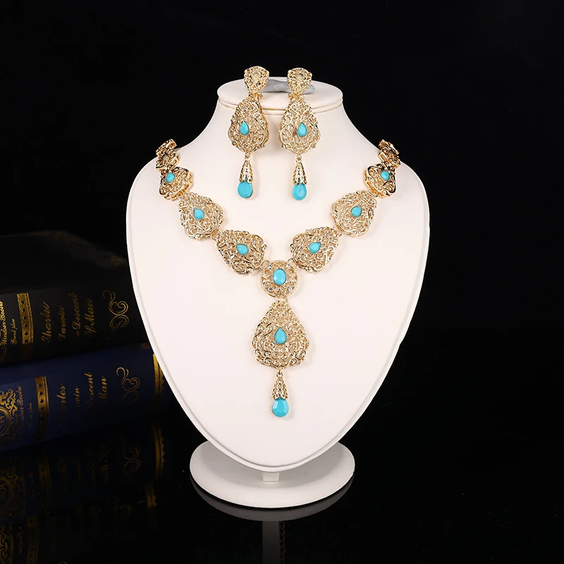 Moroccan Style Gold Color Necklace Earrings Set Handmade Women's Cecorative Jewelry Colored Rhinestone Matching Chain