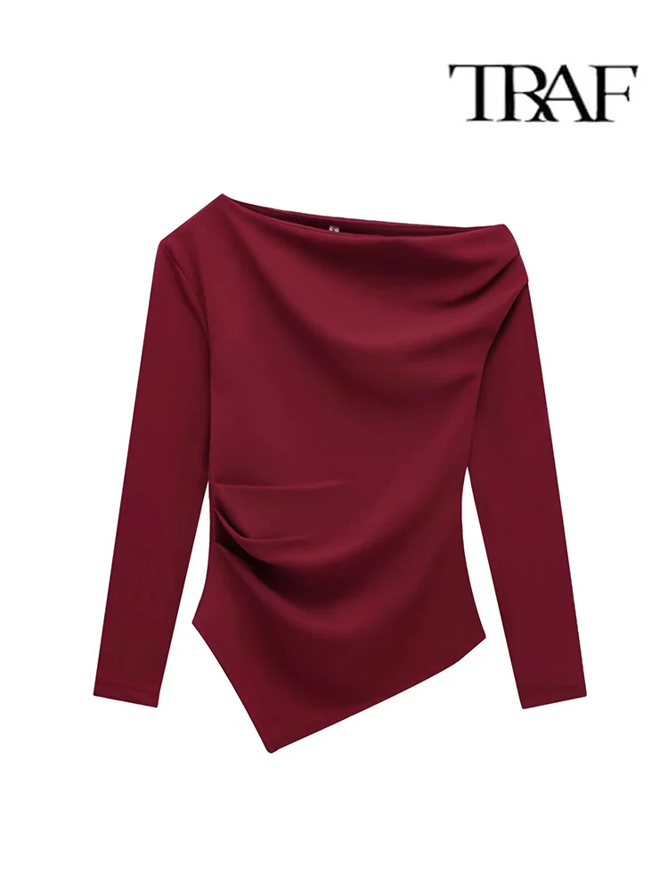 TRAF 2025 New Spring Summer Women Top T Shirts O-Neck Elastic Fashion Asymmetric Clothes Long Sleeve Shirt Top