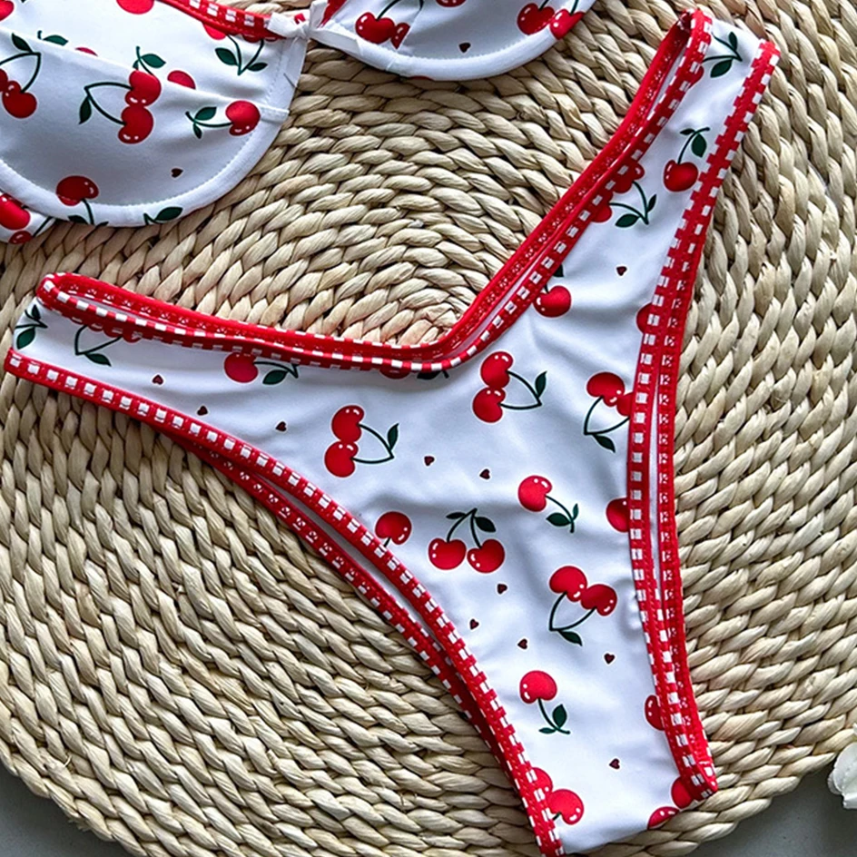 Set Bikini seksi motif ceri untuk wanita, pakaian renang Halter tali, pakaian renang segitiga Thong mikro, pakaian mandi potongan tinggi, tren 2 potong