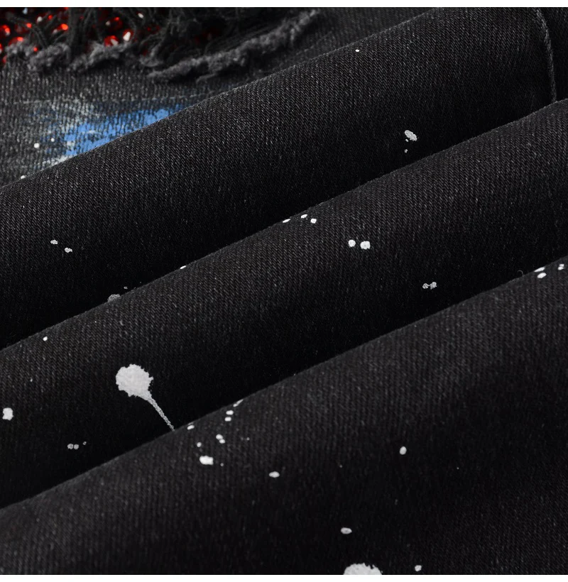 Herren-Jeans aus Stretch-Denim mit Kristallverzierung, Skinny-Schnitt, mit aufgemalten Löchern, zerrissene, schmal zulaufende Hose, Streetwear, Patchwork-Design, schwarze Hose. – Detail 14