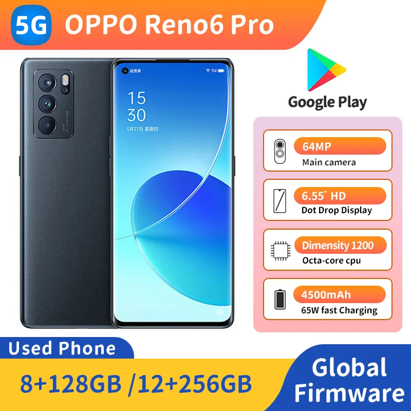 Смартфон Oppo Reno 6 Pro 5G на Android, 128/256 ГБ ROM, камера 64 МП, аккумулятор 4500 мАч, б/у