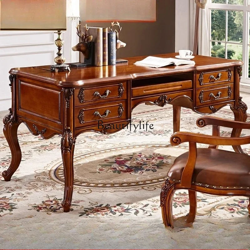

European desk American luxury writing desk office solid wood carving flower desk